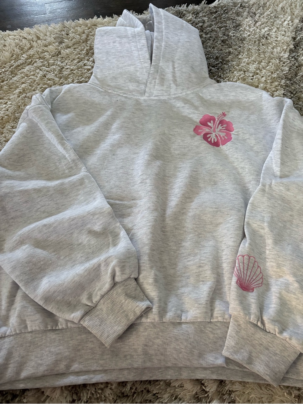 Light Gray Hoodie with Pink Hibiscus & Shell Motifs